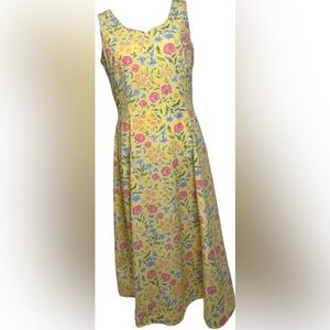 Vintage Herman Geist Size 6 Yellow Floral Print Sleeveless Cotton Dress